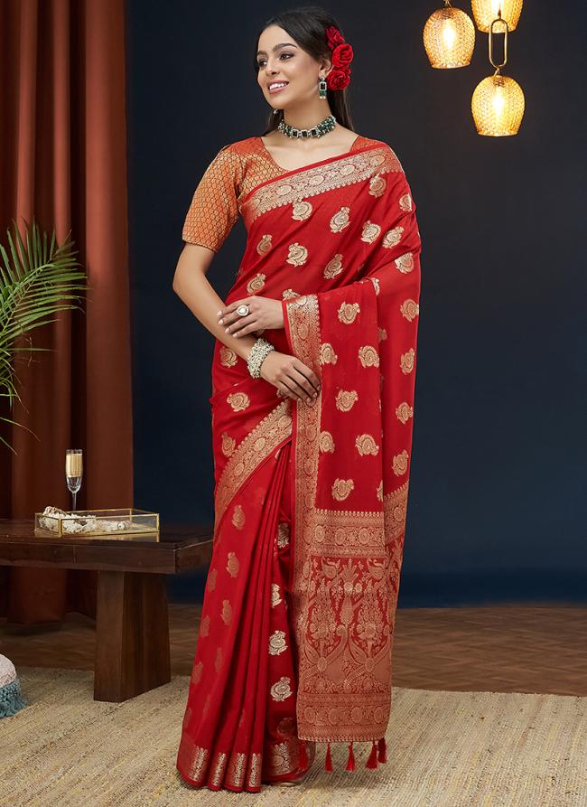 Pure Georgette Red Wedding Wear Weaving Saree